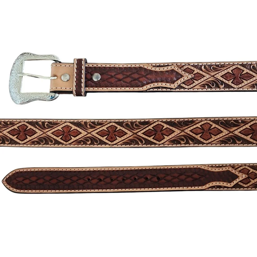Ranger Belt Co BT1299 Western 2 Tone Leather Belt Diamond Clover Tooled Size 44
